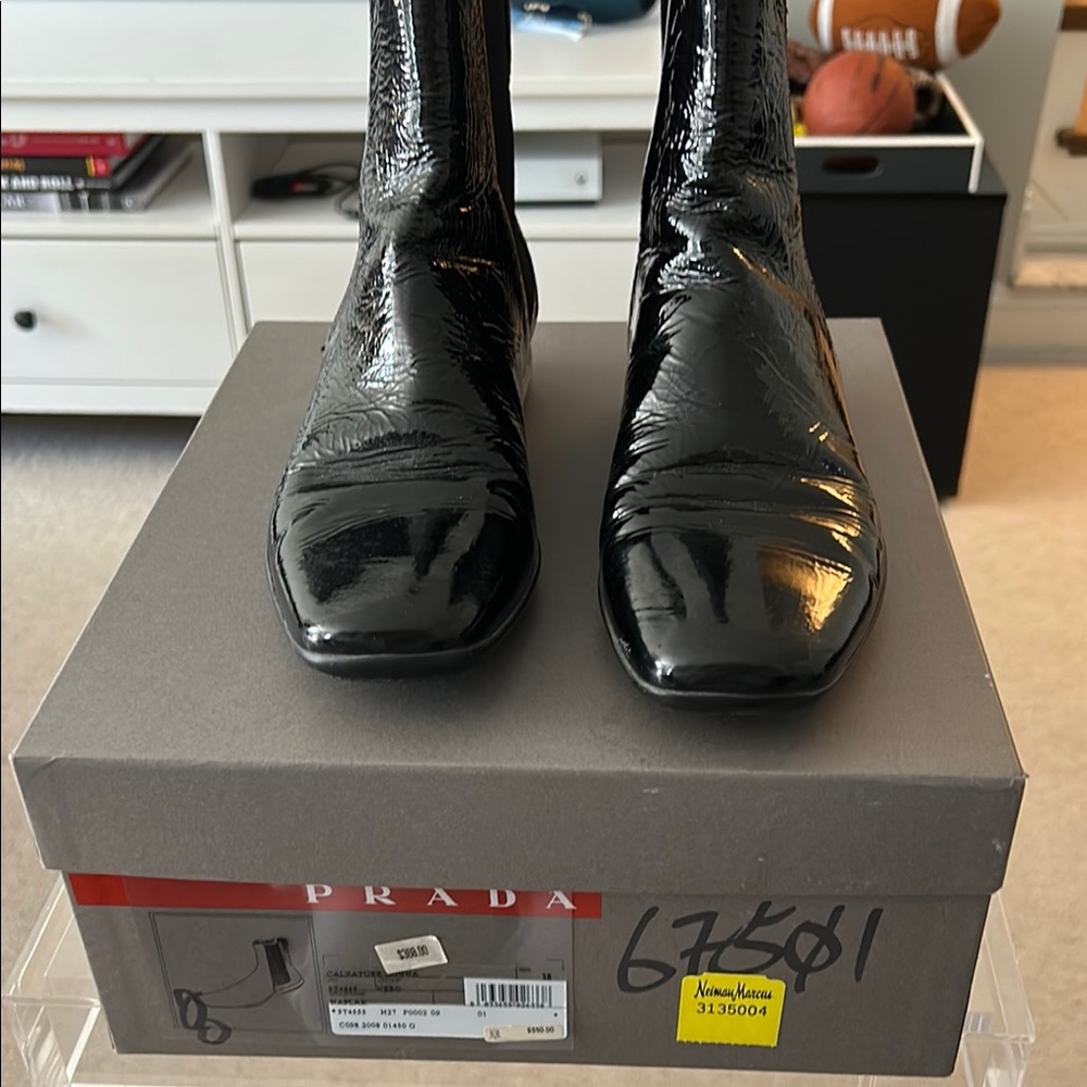 Prada Sport Women’s Black Patent Leather Slip on Ankle Boots